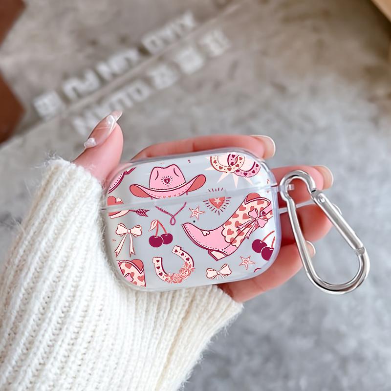 Pink Cowgirl Dream Pattern TPU Soft Protective Case for Apple AirPods 4/3/2/1/Pro/Pro2 Transparent Earphone Cover with Keychain Attachment