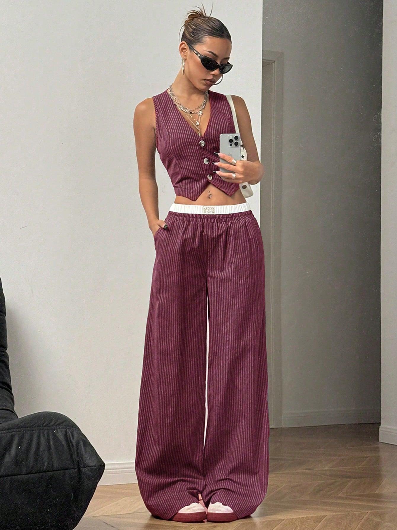 2pcs Women's Casual Striped Single-Breasted Vest And Pants Set, Ladies Casual Button Front, Pocket, Rib-Knit Sleeveless Slim Fit Grey Women Two-Piece Outfits, Spring/Summer, Casual Daily Wear, Fashion Commuting, Khaki Color, Wine Red