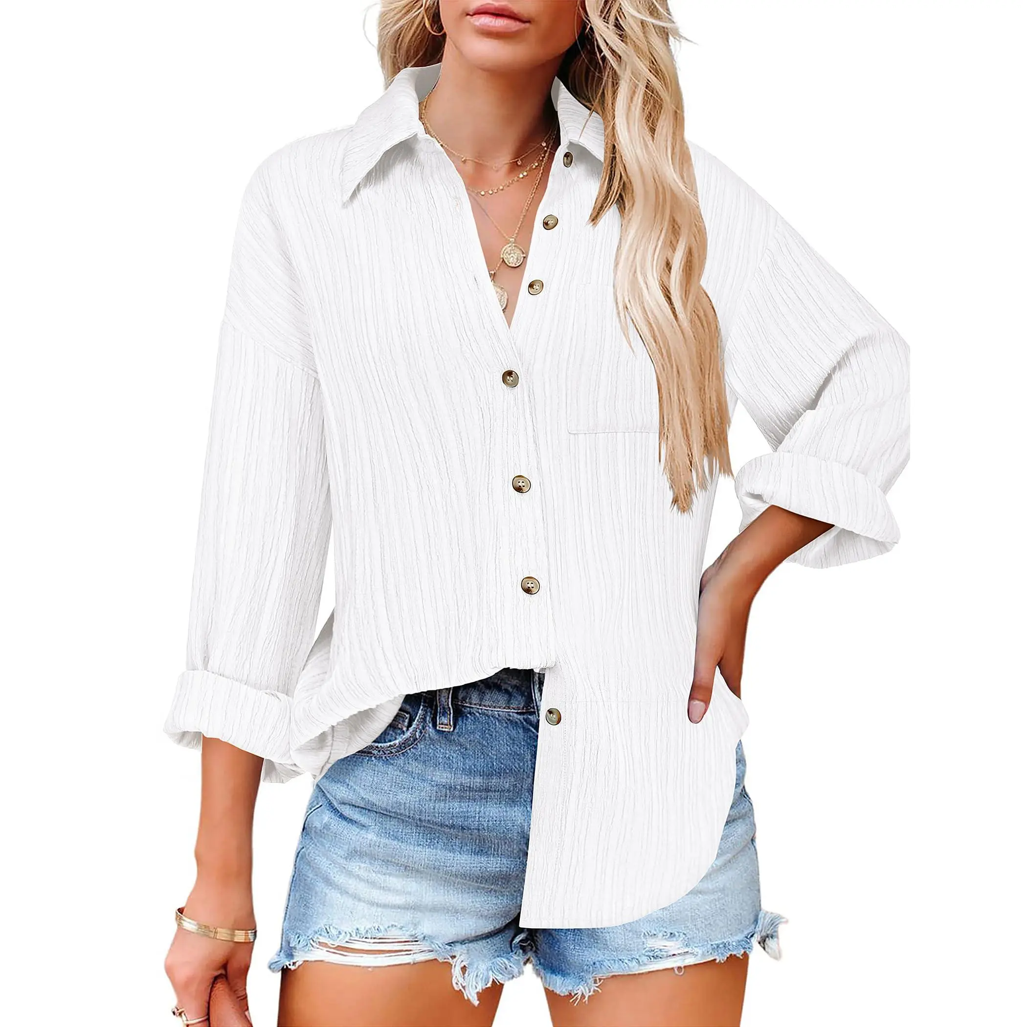 ZEAGOO Women's Button-Front V-Neck Long-Sleeve Collared Blouse - Textured Fabric, Pocket Detail Top for Casual, Work Wear, Captivating Texture