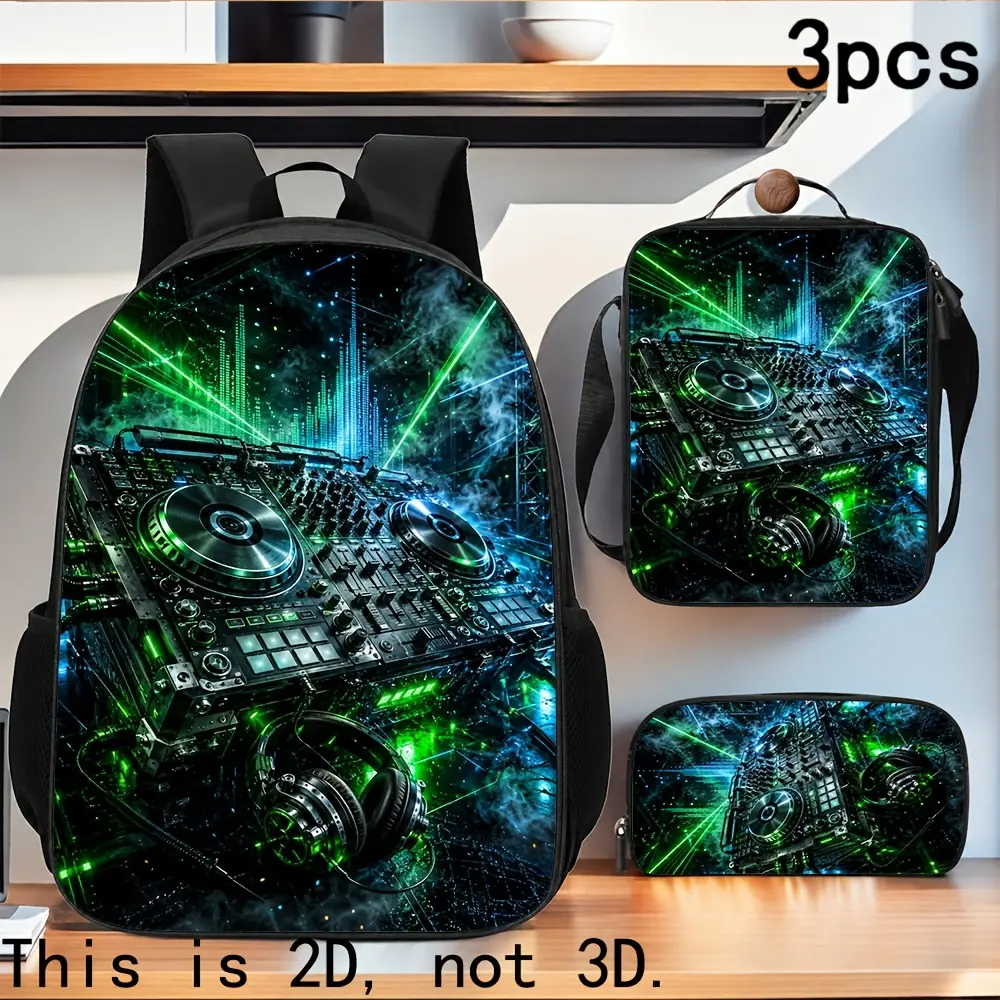 3pcs DJ Print Backpack - Casual Oxford Shell Daypack with Headphones Print, Neon Green Lights, High Capacity, Adjustable Laptop Compartment, Lightweight Zipper Closure for Music Lovers, Daily Commute