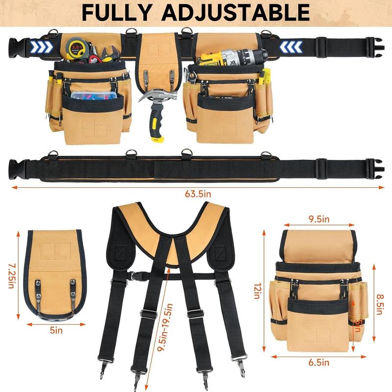 Tool Belt with Suspenders,27-Pockets Heavy Duty Tool Belts for Men with  Tool Pouch,Detachable & Adjustable Work Belt Bag for Electrician,Carpenter,Construction,Utility Toolbelt,Black,Brown
