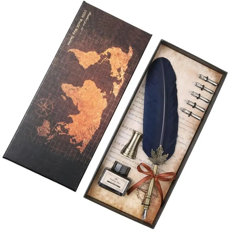 Quill Pen   Dip Pen Set Copper Pen Stem Writing Quill Pen Calligraphy Pen As Christmas Birthday  Set (Navy Blue)
