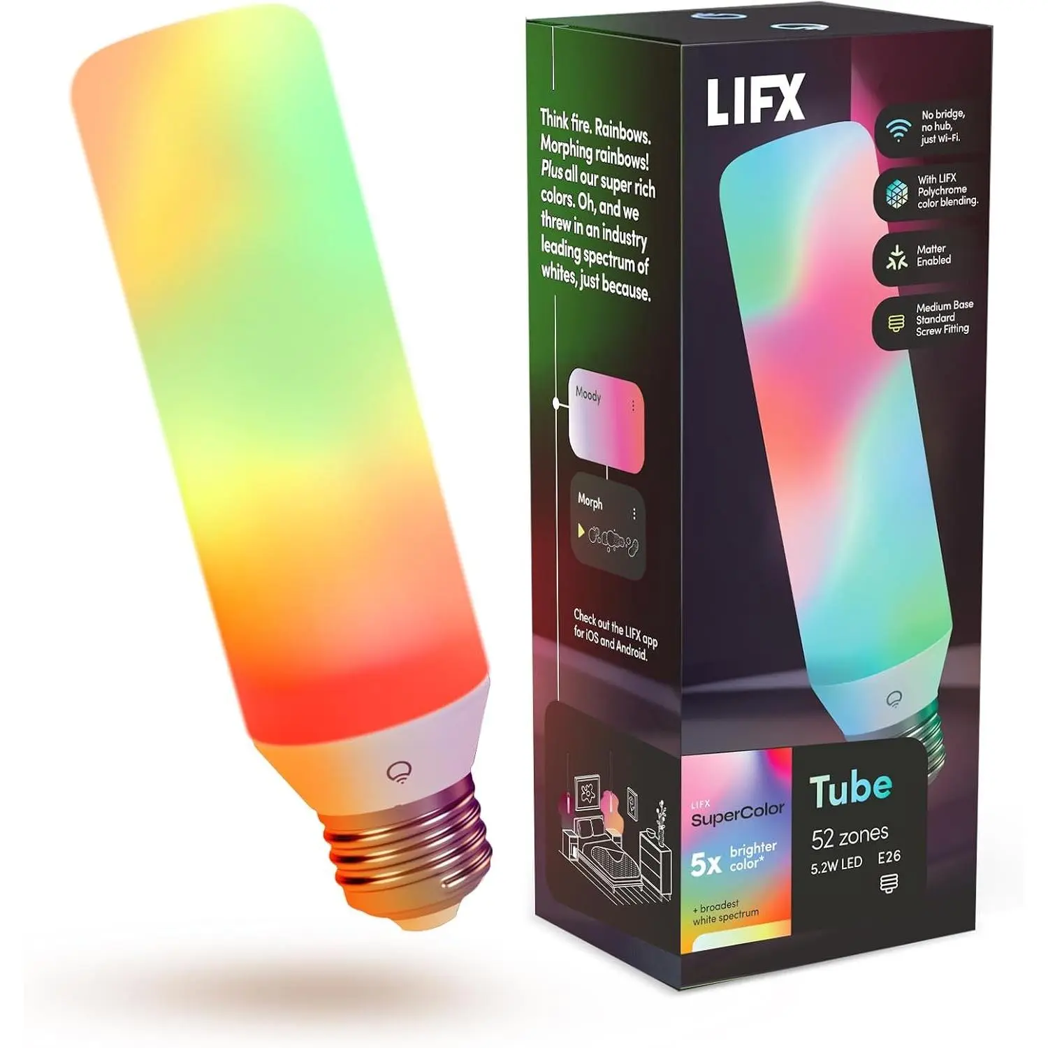 T10 Tubular Smart Edison Bulb E26, Color Changing RGB + Tunable White, 52 Zones, Matter Compatible, Works with Apple HomeKit, Alexa & Google Home, Music Sync, Dimmable LED Vintage Light Bulb
