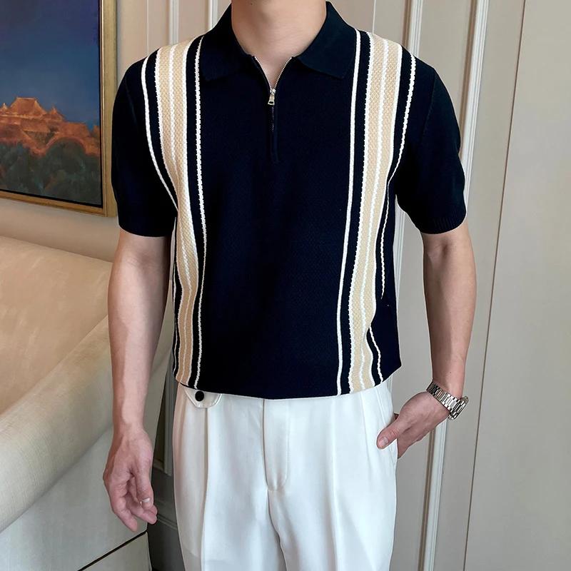 Kyn Apparel Luxury Knitted Polo Shirt Mens Striped Contrast Color Zip-up Polo Neck Tops Summer Vintage Slim Fit Short Sleeve Men Polo Shirts