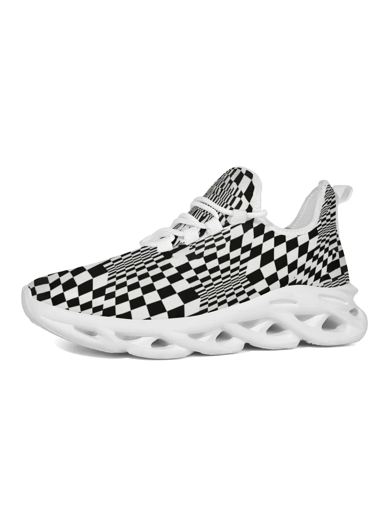 Optical Illusion Checkerboard Pattern Running Shoes, Black White Warped Plaid Geometric Print Sneakers, Breathable Mesh Lightweight Non-Slip Casual Athletic Shoes for Men Women Unisex