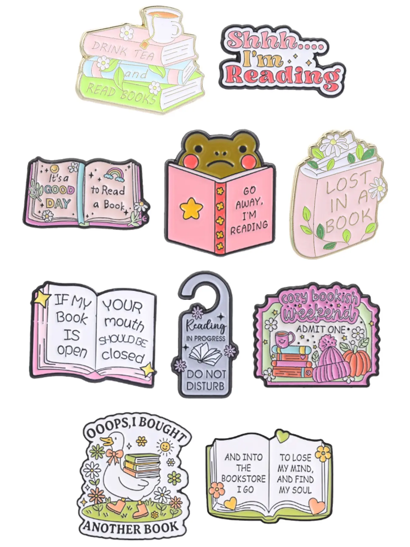 10pcs Cute Book Lover Enamel Pin Set, Cozy Reading Frog Duck Bookworm Brooch Pins, Perfect Gift for Book Lovers, Unique Accessories