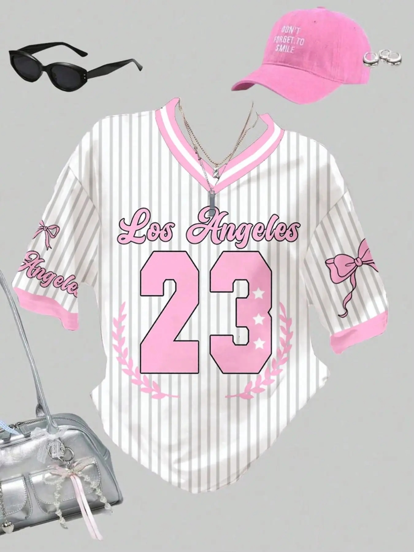 American Stripe Los Angeles 23 Number Bow Baseball Jersey, Sweet Cool Contrast V Neck Loose Fit Short Sleeve Top, Multicolor