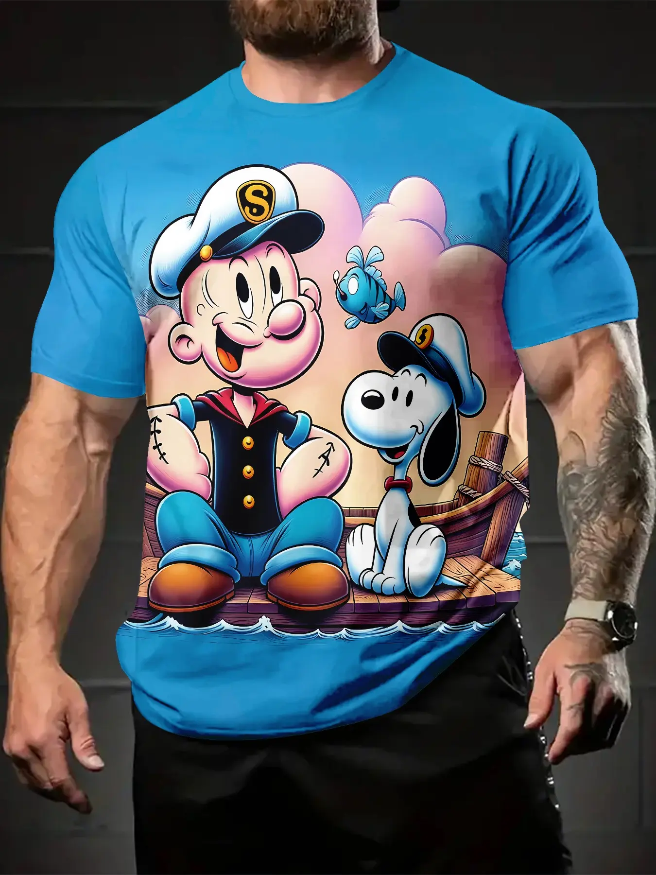 Sailor Snoopy Co-branded 3D Digital Printing T-shirt, casual and versatile sporty men's crew neck short-sleeve, suitable for daily wear, a perfect holiday gift for men