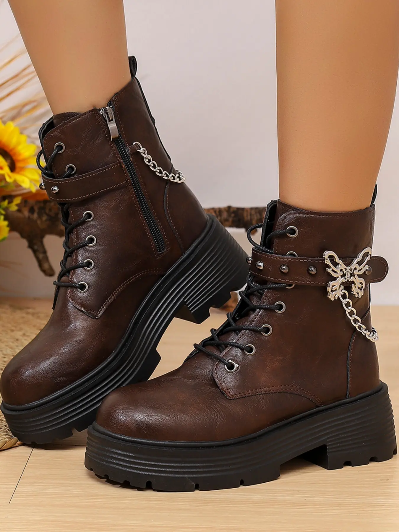 Punk Style Detachable Butterfly Chain Boots, Soft PU Leather, Mid-Calf, Pointed Toe, Casual Fall & Winter Footwear for Women