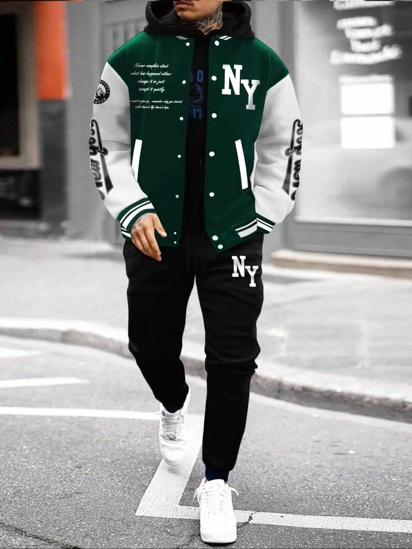 Men's Letter Print Slogan Baseball Jacket & Pants Two-piece Set, Loose Casual Long Sleeve Baseball Collar Outerwear & Trousers for Daily Wear, Men's Two-piece Outfits for Fall & Winter