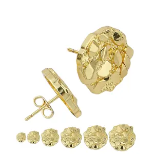 14K Gold Plated Round Rough Textured Cookie Nugget Stud Earrings, Unisex Fashion Nugget Ear Studs for Men Women, Multi Size Available Daily Jewelry