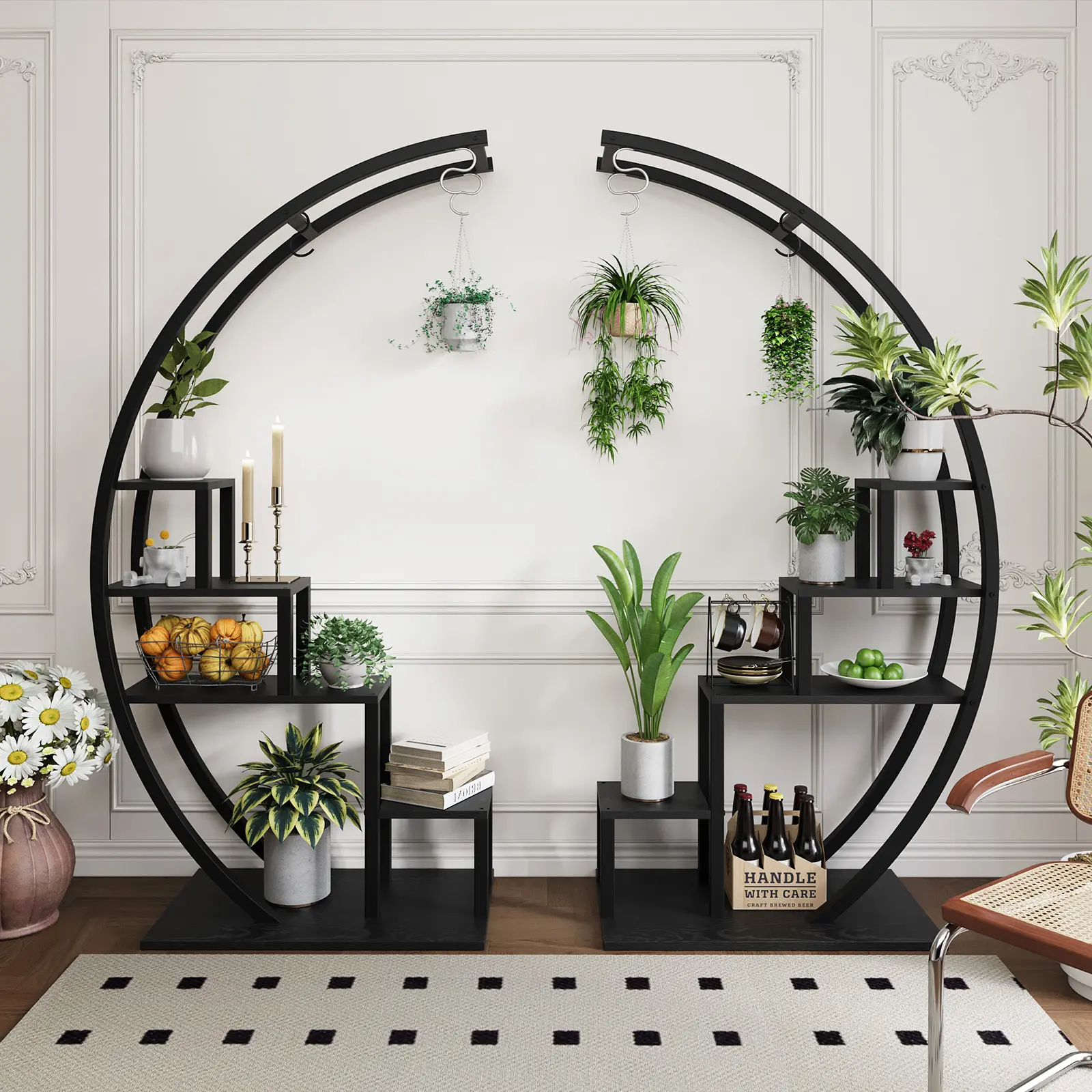 Space-Saving 5-Tier Metal Plant Stand,5 Tier Plant Stand Indoor with Hooks, 56" Metal Plant Stand for Indoor Plants Multiple, Half-Moon Plants Rack Display Shelf for Balcony Patio Garden Home, Pack of 2