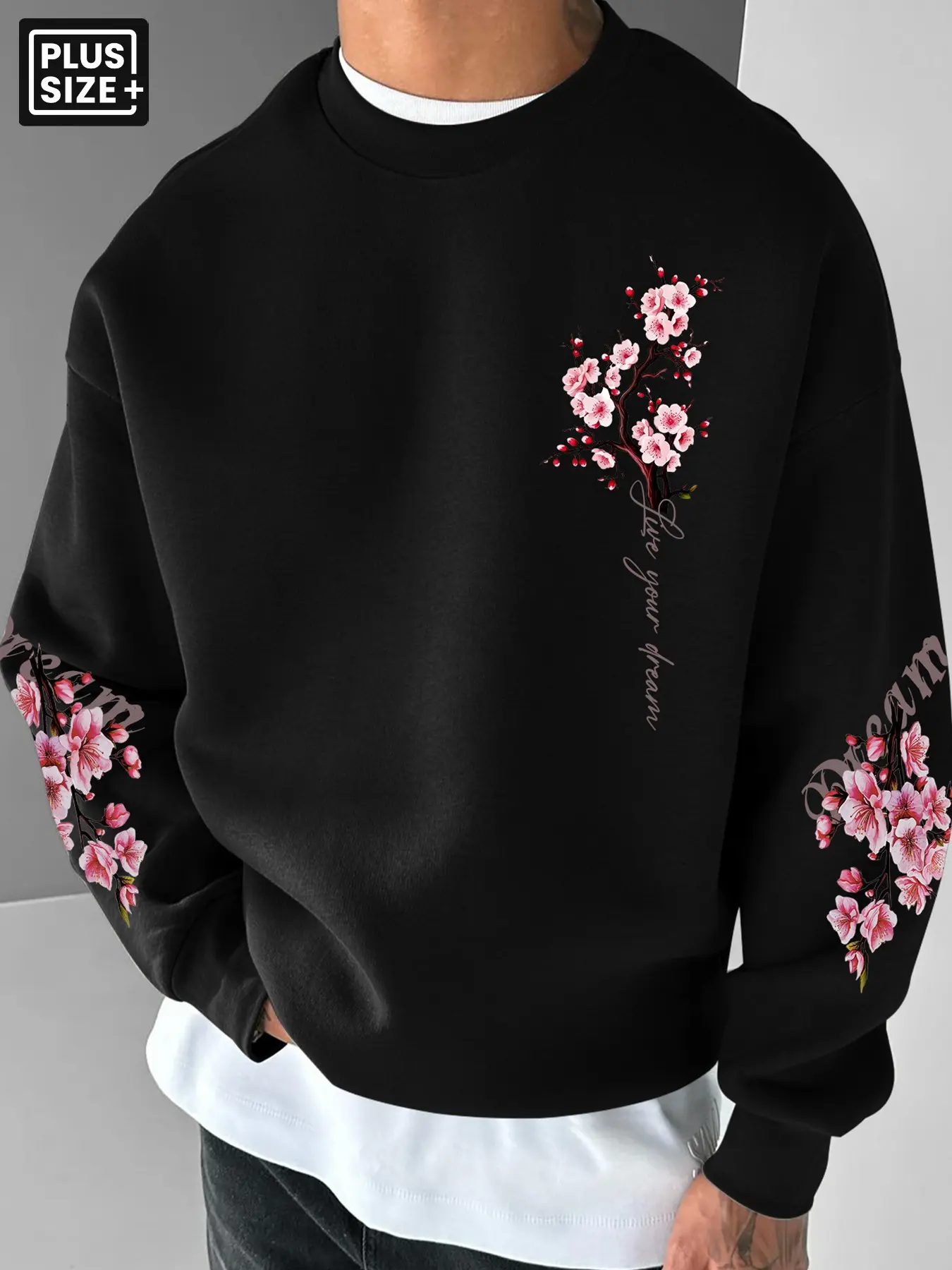 Men Plus Size Cherry Blossom Graphic Crewneck Sweatshirt Long Sleeve Loose Fit Aesthetic Pullover, Vintage Rare Aesthetic Floral Print Casual Sweatshirt for Autumn Winter Daily Streetwear Hip Hop Oversized Crew Neck Top