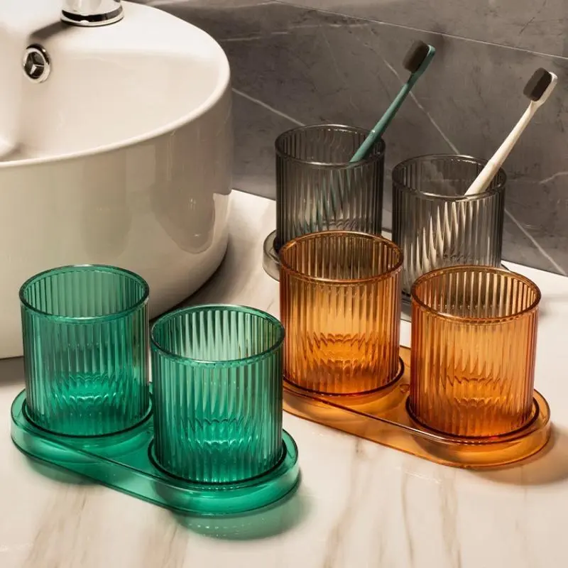 3pcs 1 Set 2 Toothbrush Cups + 1 Tray, with Tray - Durable Toothbrush, Mouthwash And Toothpaste Holder, Transparent Design for Easy Observation, Ideal Bathroom Organization, Bathroom Additions | Transparent Design | Durable Plastic