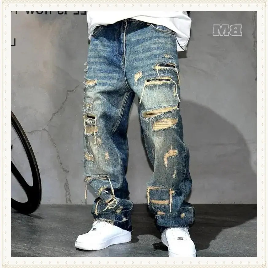 Mens Ripped Baggy Jeans Distressed Denim Streetwear Skateboard Pants Straight Leg Patchwork Oversized Urban Fashion Workwear Asian Menswear