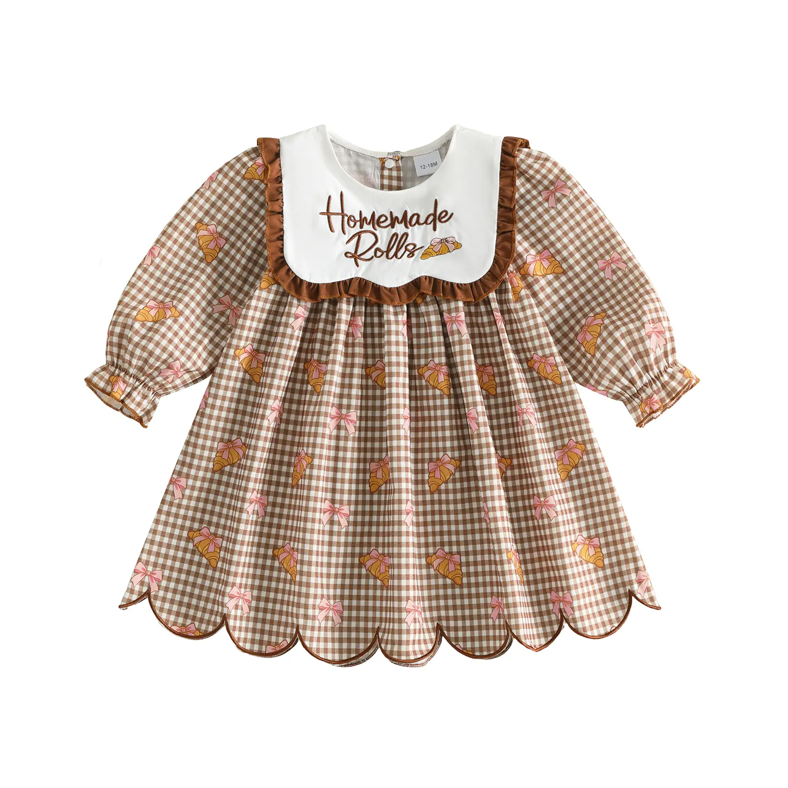 Babamoon Toddler Baby Girl Polyester Thanksgiving Dress, Long-Sleeve A-Line Cut, Plaid Pattern with Homemade Rolls Embroidery