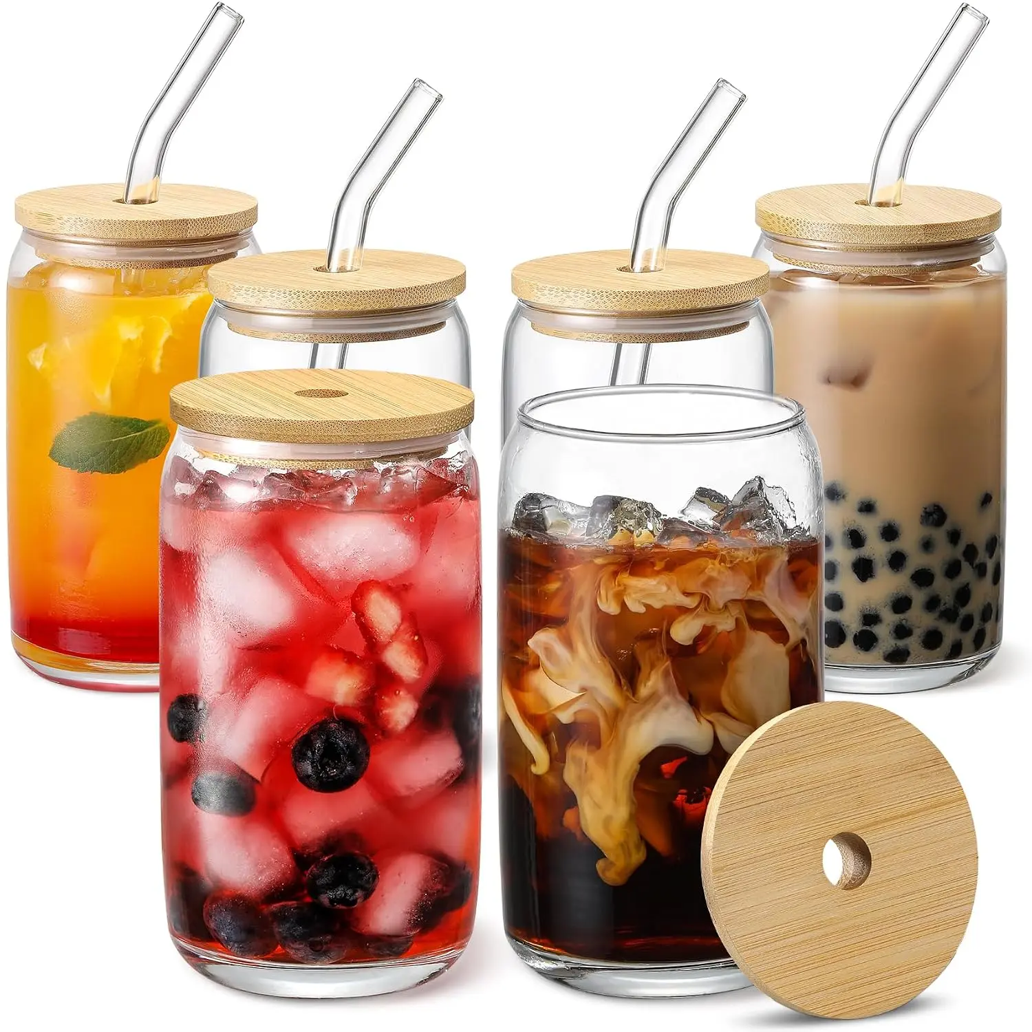 [ 6 count Set ] Glass Cups with   and Glass Straw -  Shaped Drinking Glasses, 16 oz Iced Coffee Glasses, Cute Tumbler Cup for Smoothie, Boba , , Water - 2 Cleaning Brushes