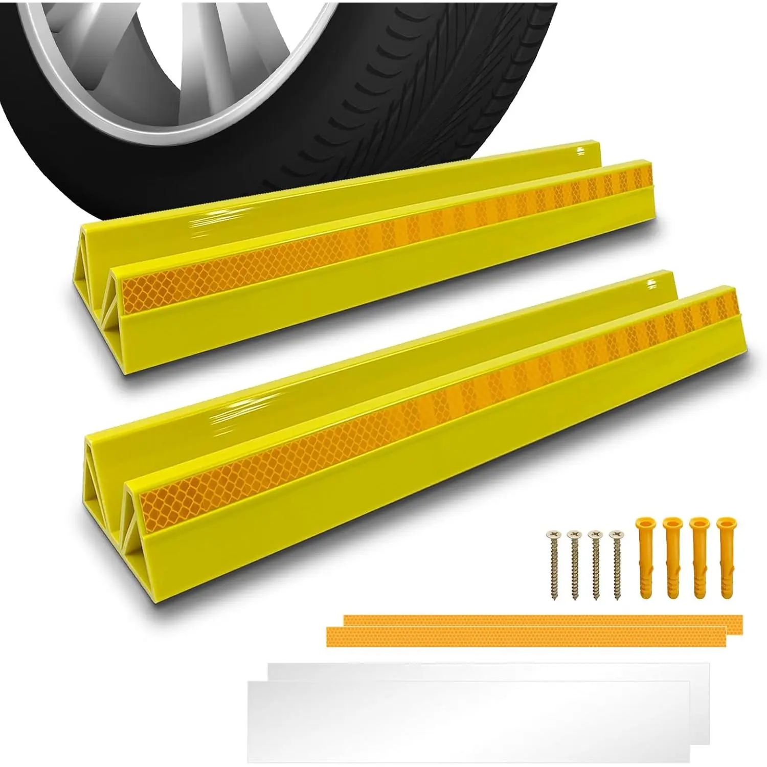 2 count 18'' Parking  Wheel Stopper for Garage with 2 Installation Methods, Heavy Duty Tire Stops with Reflective Tapes,  Parking  for Garage, Yellow