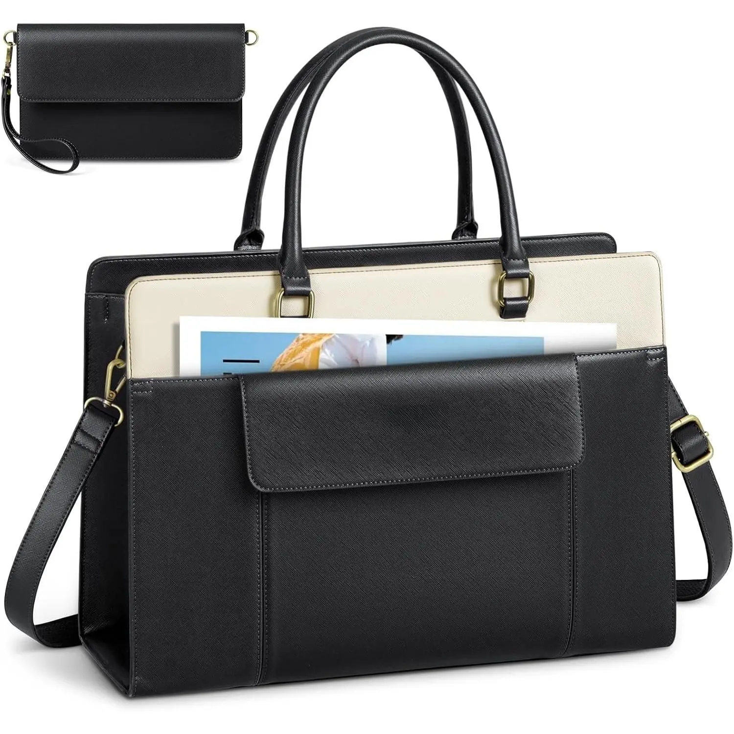 Laptop Bag for Women 15.6 inch Leather Laptop Tote Bag Large  Bags  Business Office Work Bags Briefcase with Satchel Purse 2 count Set, Black