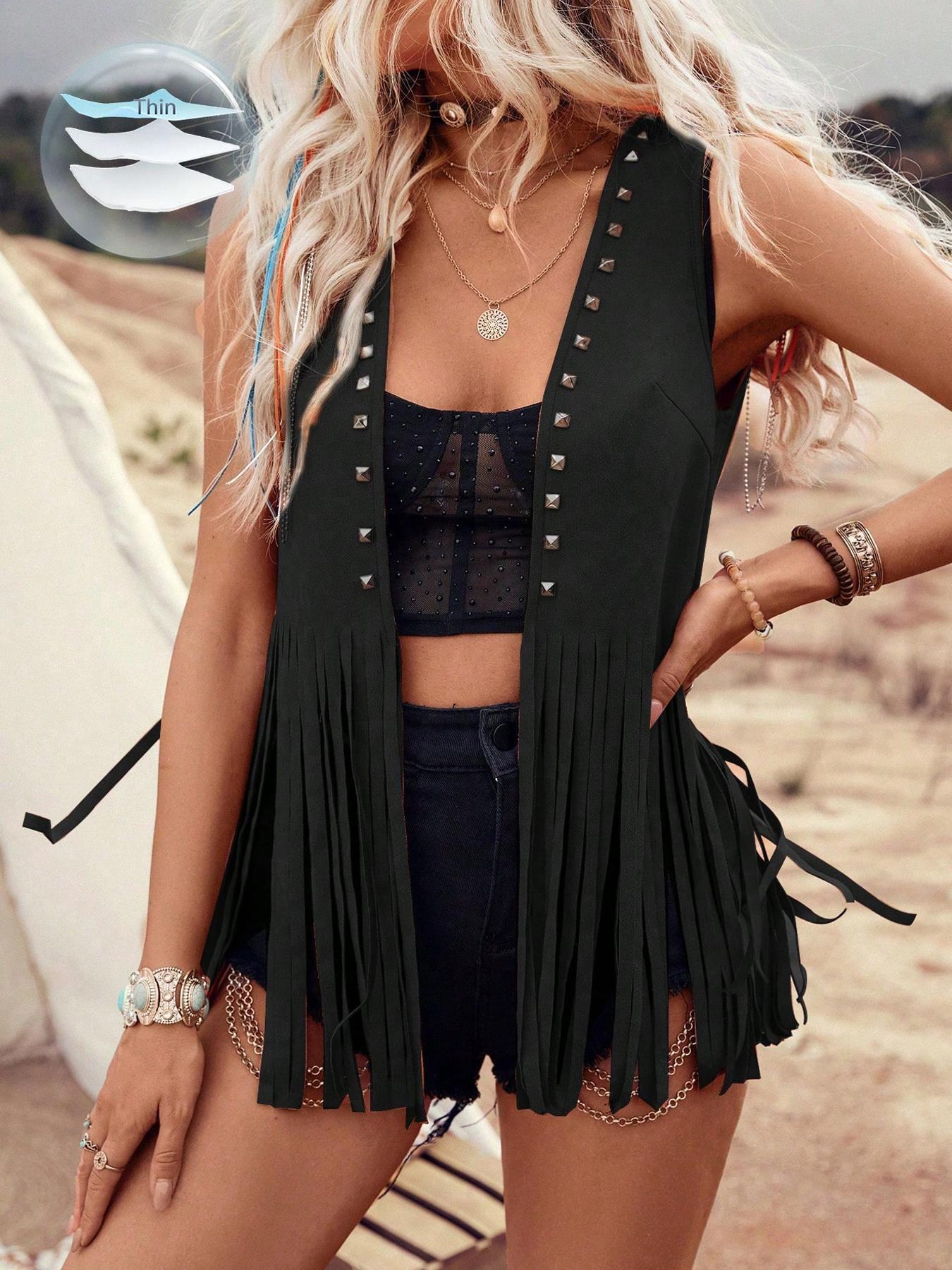 Women's Solid Color Studded Decor Fringe Trim Jacket Womenswear Casual Bohemian Fashion Open Front Sleeveless Outerwear Daily Outdoor Wear Ladies Clothes Summer Kimono