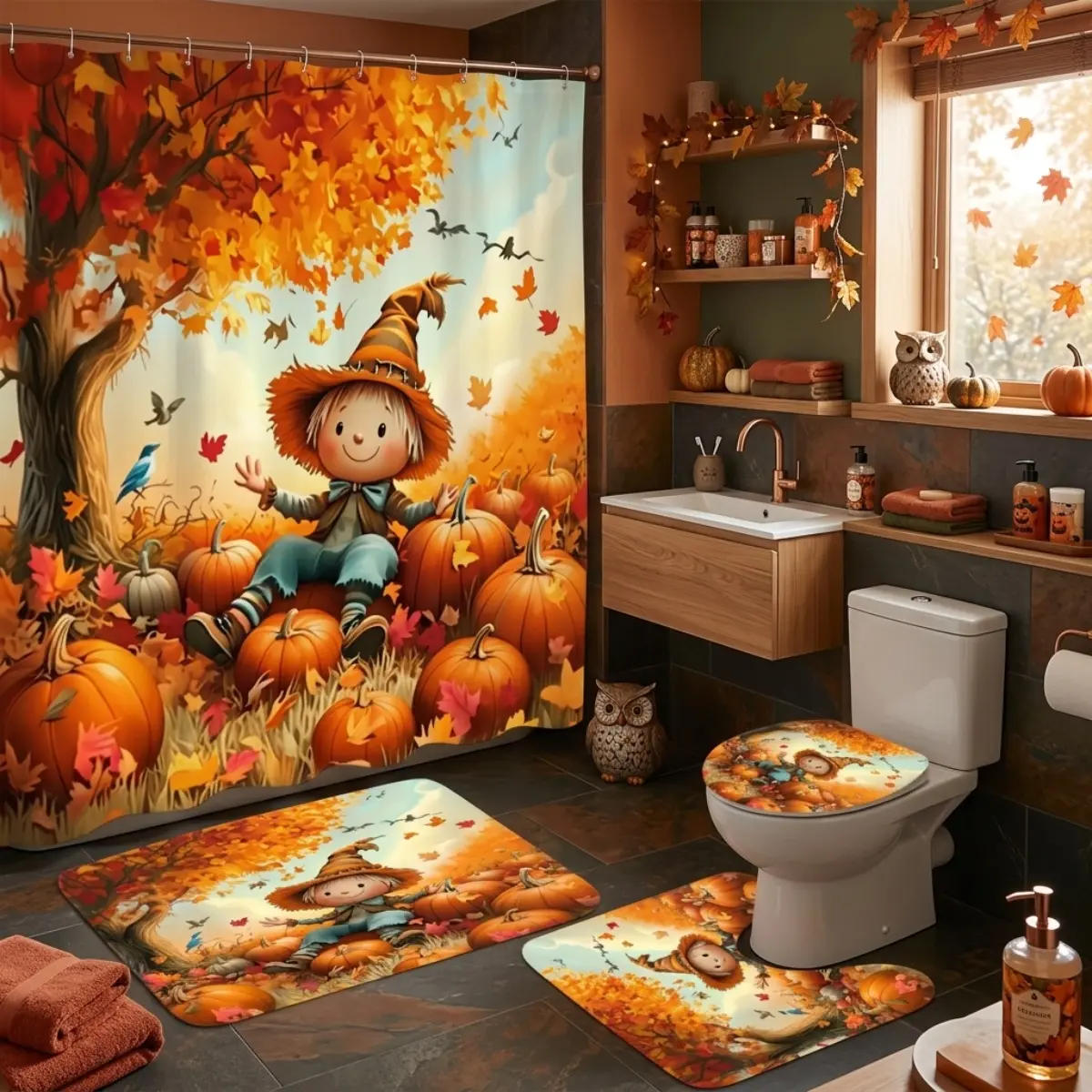 4pcs Autumn Farmhouse Bathroom Decor Shower Curtain Set with Rugs, Scarecrow Witch Hat Pumpkin Field Print Bath Mat Rug Set (4-Piece) with Fall Leaves & Birds Theme for Halloween, TikTok Shop Hot Trend Bathroom Decoration