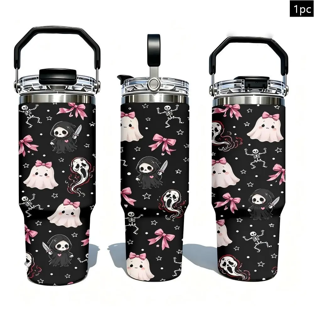 1pc 30oz Pink Bow Ghost Screaming Horror Mask Grim Reaper Insulated Tumbler with Portable Handle & Leak-Proof Lid, Double Wall Vacuum Travel Mug, Large Capacity Cup for Men Women, Halloween Birthday Gift