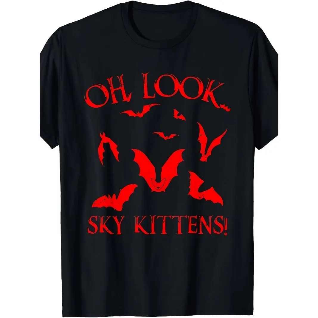 Menswear Shortleeve T-Shirt - Unisex Gothic Horror Bat Lover Tee with "Oh Look Sky Kittens!" Slogan, Red Bat Silhouettes, 100% Polyester Fabric, Relaxed Fit, Round Neck, Casual/Halloween Wear, 2026 Summer Style