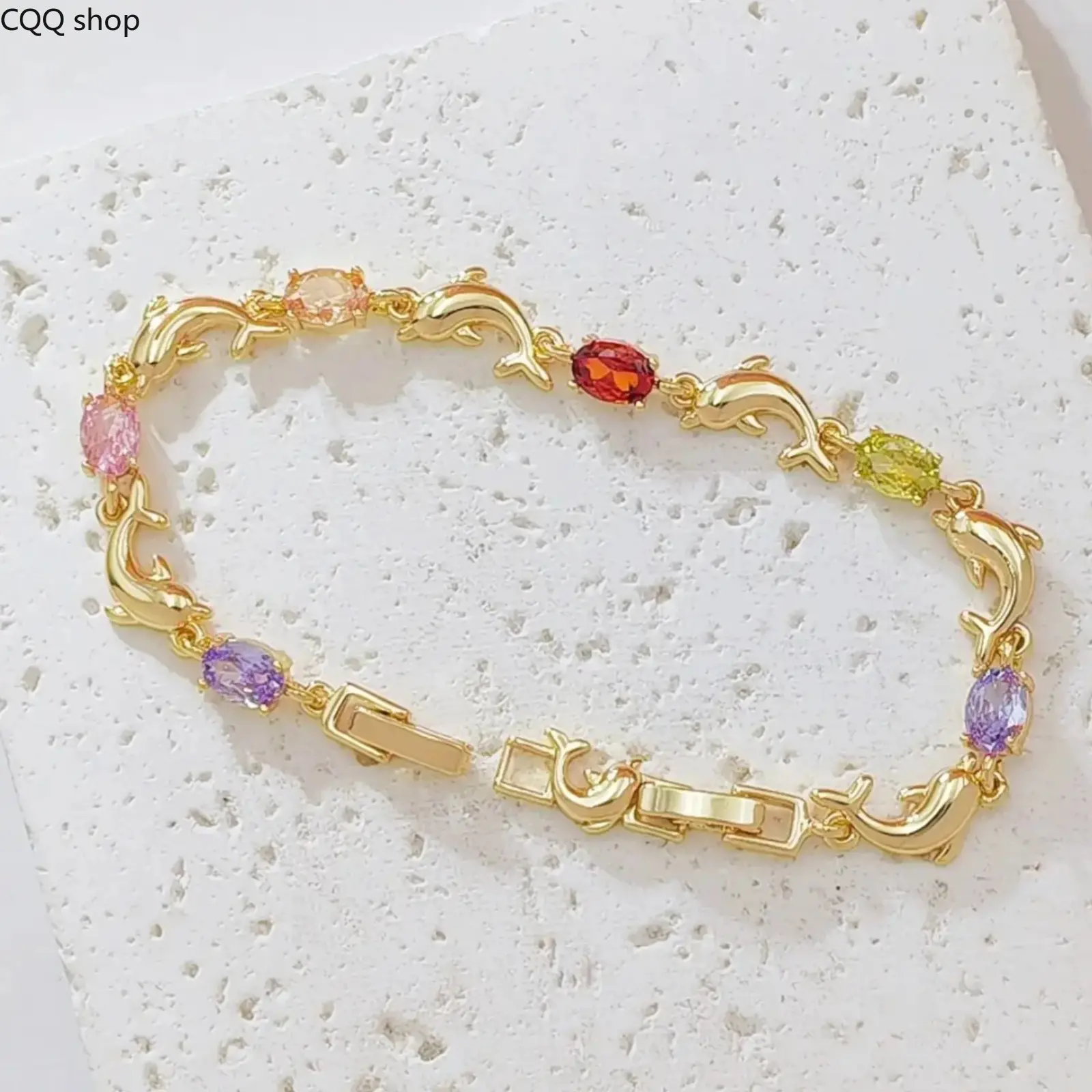 14K Gold Plated Dolphin Link Bracelet for Women, Dainty Chain Bracelet with Oval Multicolor Cubic Zirconia Charms, Ocean Animal Stackable Fashion Jewelry Gift for Summer Beach Birthday
