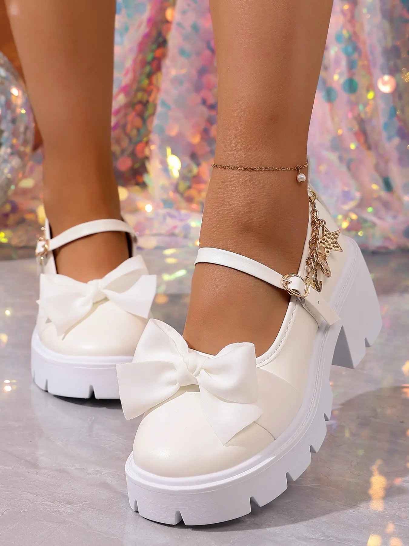 Spring New Star Moon Chain Bow Mary Jane Shoes for Women, Stylish Thick Sole Chunky Heel, Jk Uniform Shoes, Lolita Platform Leather Shoes