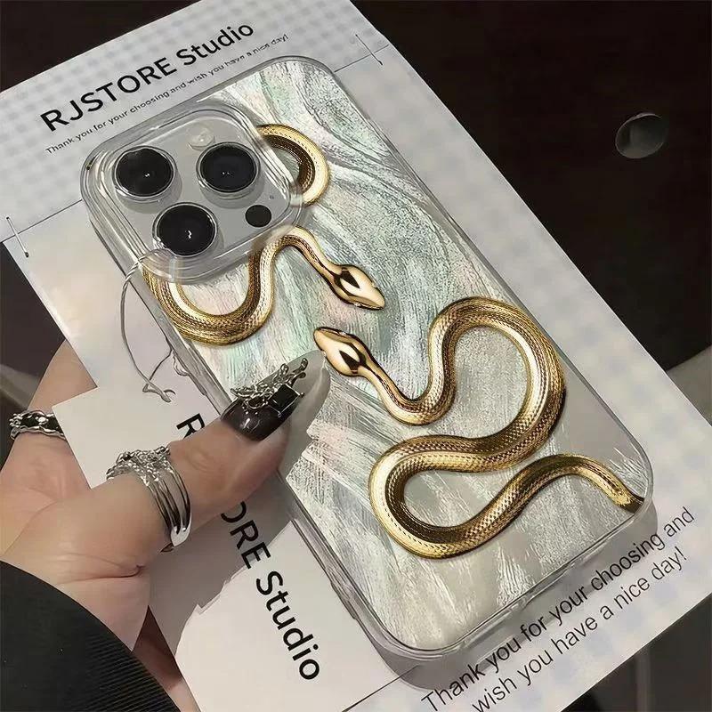 1pc Golden Snake Trendy Brand Illustration Feather IMD Phone Case for iPhone 17 16 16e 15 14 13 12 11 promax air x xr xs 8 7 plus Protective Cover