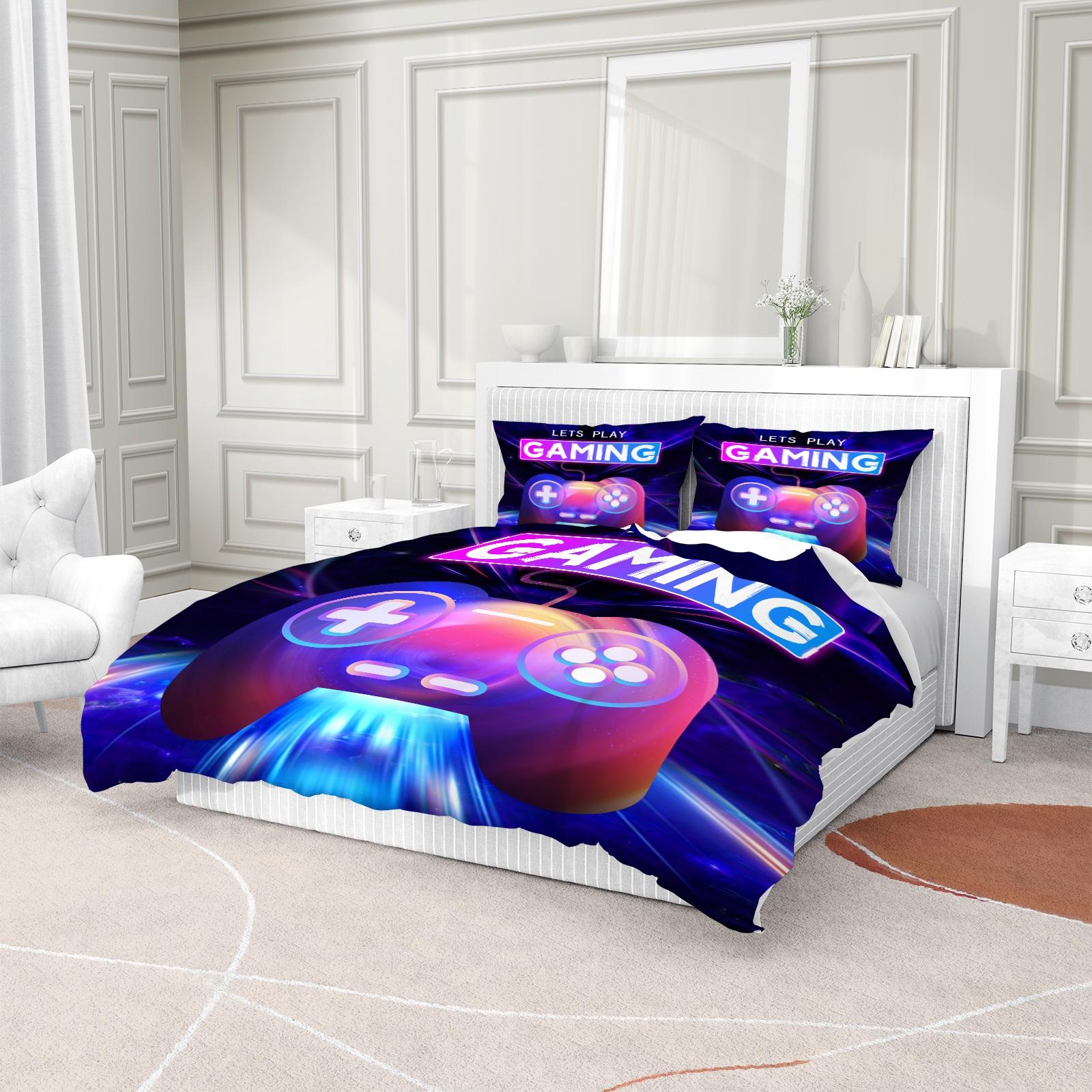 Cool Gaming Controller Pattern Sheet Set with Pillowcase, Soft Polyester Fiber Bedding, Zipper Closure, Breathable, All Seasons Use