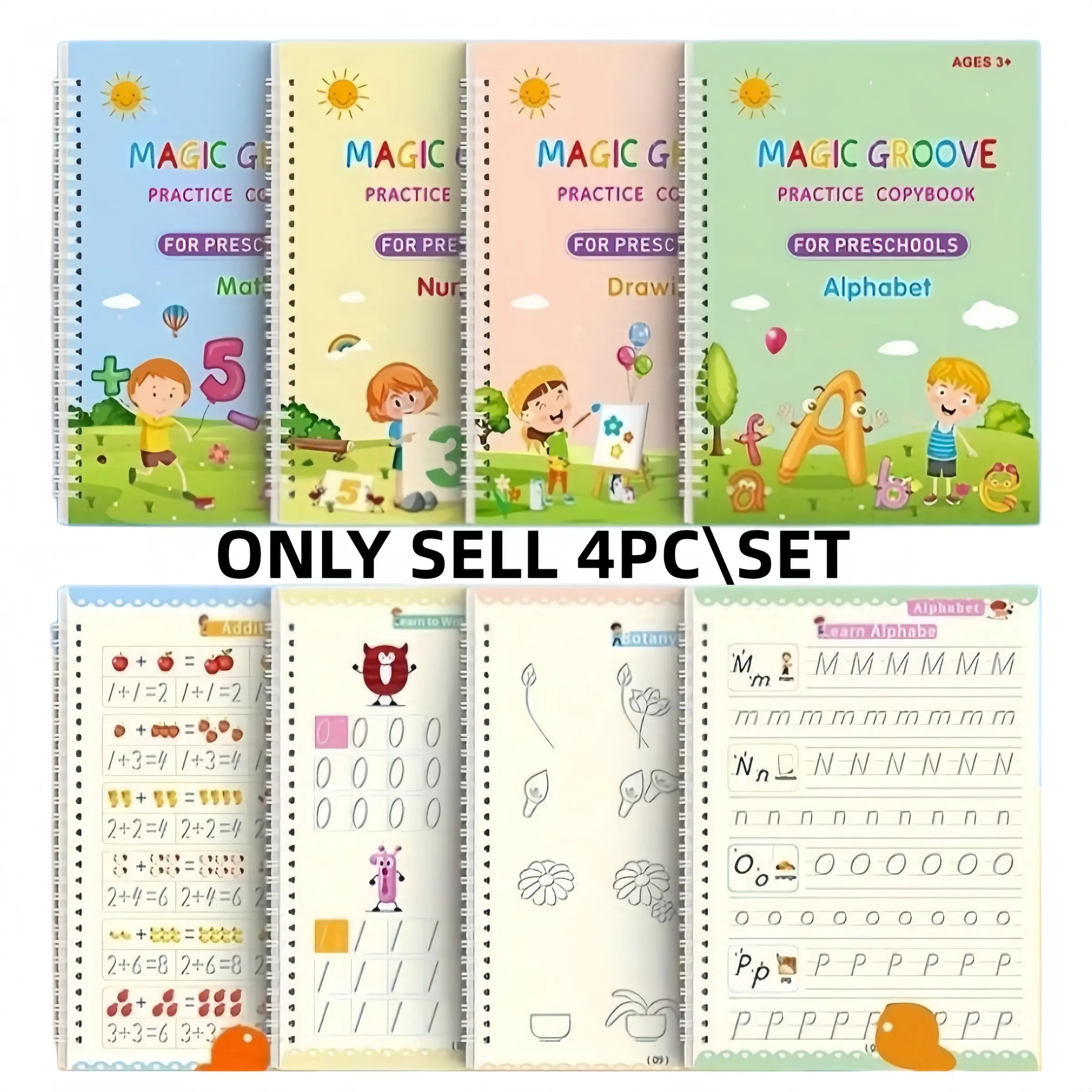 4pcs +10pens Magic Groove Handwriting Practice Book Set, Preschool Learning Kit, Reusable Preschool Learning Sheets, Tracing Sheets, Disappearing Font, Includes Alphabet Practice Numbers Coloring Math Skills, School Study Supplies, Learning Materials
