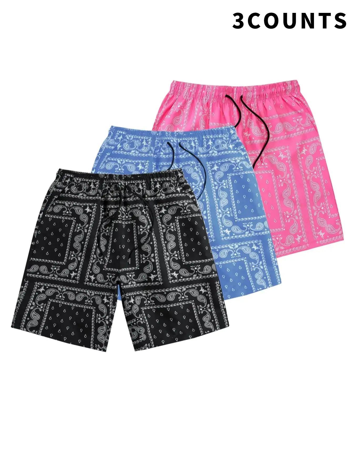 3 PCS Men's Ethnic Paisley Print Drawstring Shorts Summer Beach Swim Trunks Lightweight Graphic Casual Shorts Comfy Vacation Apparel Ideal for Back to School Outdoor Travel Trendy cargo shorts men's shorts summer workout