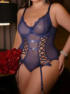 Lovingerie Plus Size Navy Sheer Mesh Teddy Lingerie Underwire Push Up V Lace Bodysuit Criss Cross Side Cutout Heart Rhinestone Adjustable Straps Back Hollow Out Garter Belt Curvy Women Honeymoon Date Night Boudoir Outfit