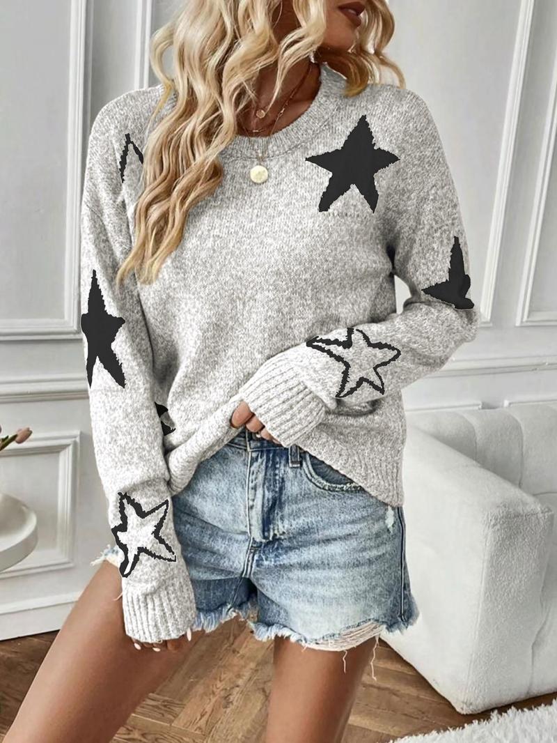 Women's Star Print Drop Shoulder Sweater, Casual Long Sleeve Round Neck Jumper for Fall & Winter, Fashion Ladies' Knitwear for Daily Wear, Tops