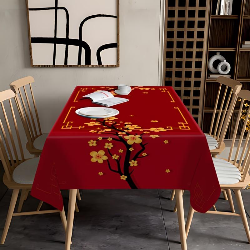 A Flat 2D Banner, 1pc of Red Plum Blossom Tablecloth - a Traditional Chinese Square Polyester Table Cover with a Golden Branch Design, Made from Machine-Washable And Easy-To-Clean Material, Suitable for Indoor And Outdoor Parties