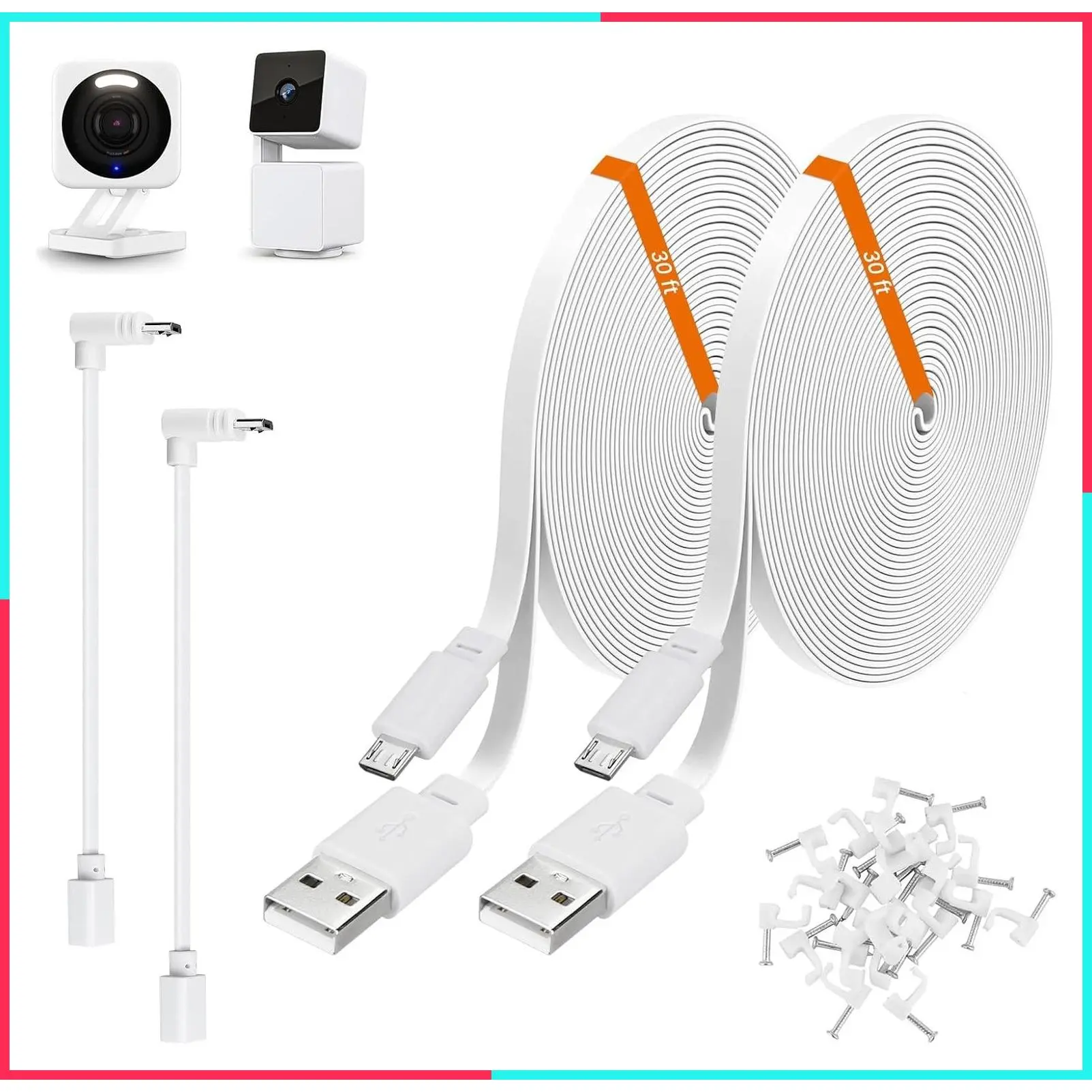 2-Pack 30ft Power Extension Cable for Security Camera, White