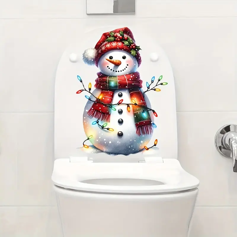 Single Christmas snowman toilet sticker cartoon PVC self adhesive bathroom decoration removable durable plastic matte surface rectangular long lasting decorative decal for toilet bathroom restroom hol