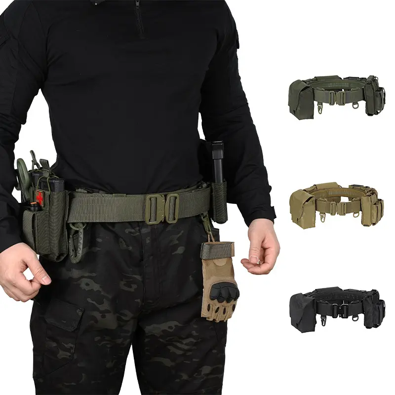 Unisex 8-Pieces Adjustable Modular Tactical Duty Belt, 1000D Nylon MOLLE Webbing Waist Belt, Quick-Release Metal Buckle, Removable Pouches, Hiking Camping Outdoor Gear (Sand, Black, Military Green)