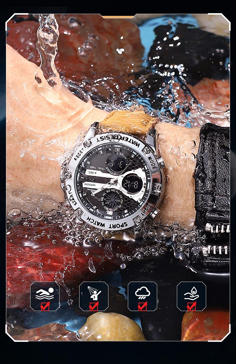 Men's Military Sport Digital Analog Quartz Watch - 50M Waterproof Wristwatch with LED Backlight, Dual Time, Alarm, Stopwatch, Tactical Outdoor Watch for Men, Brown Leather Strap, Perfect Gift for Him