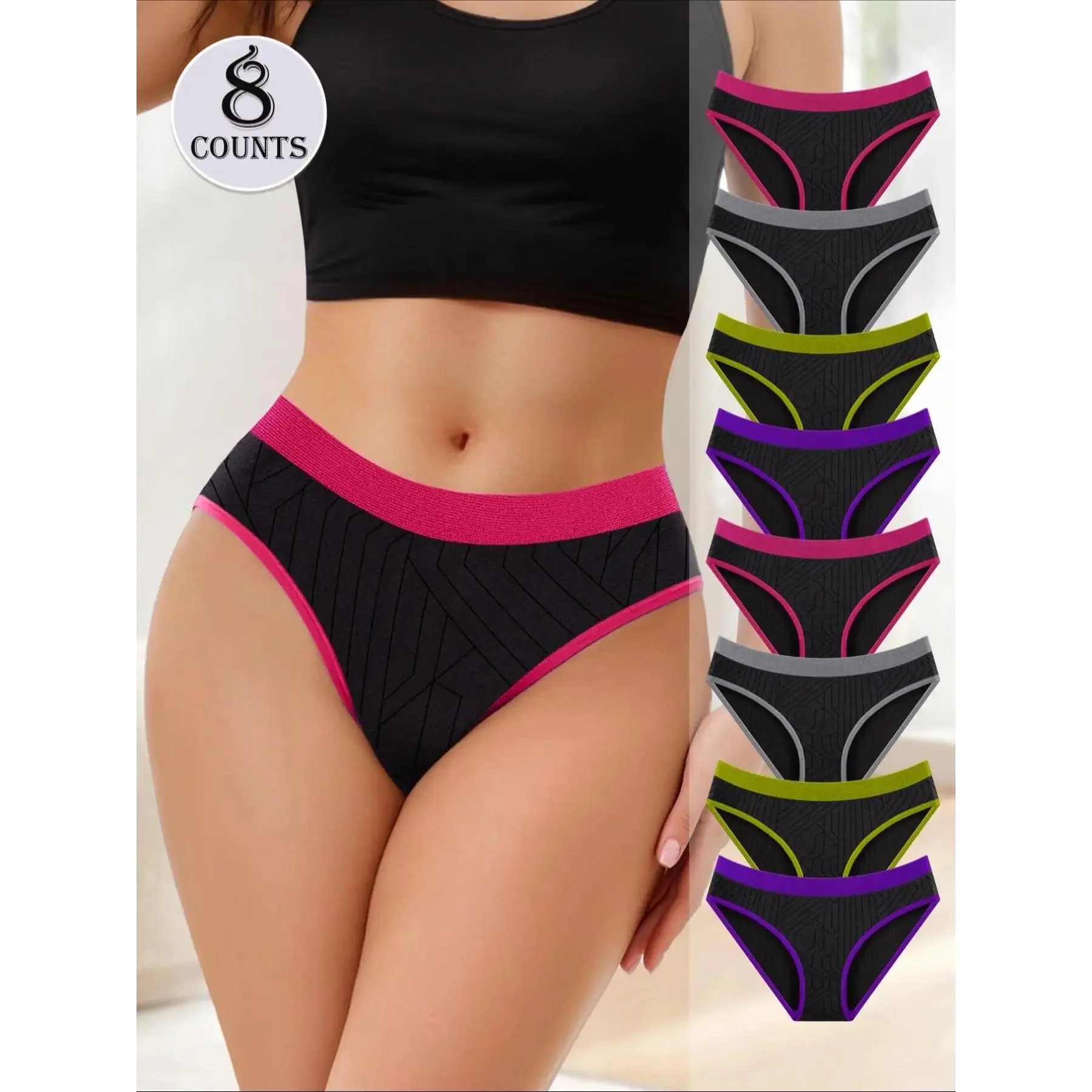 Women’s 8-Pack Seamless Low Waist Triangle Panties - Multicolor Colorblock Stretch Fabric Underwear Set, Skin-Friendly High-Quality Lightweight Intimates for Everyday Wear, Home Use, Briefs, All-Season, Sportswear