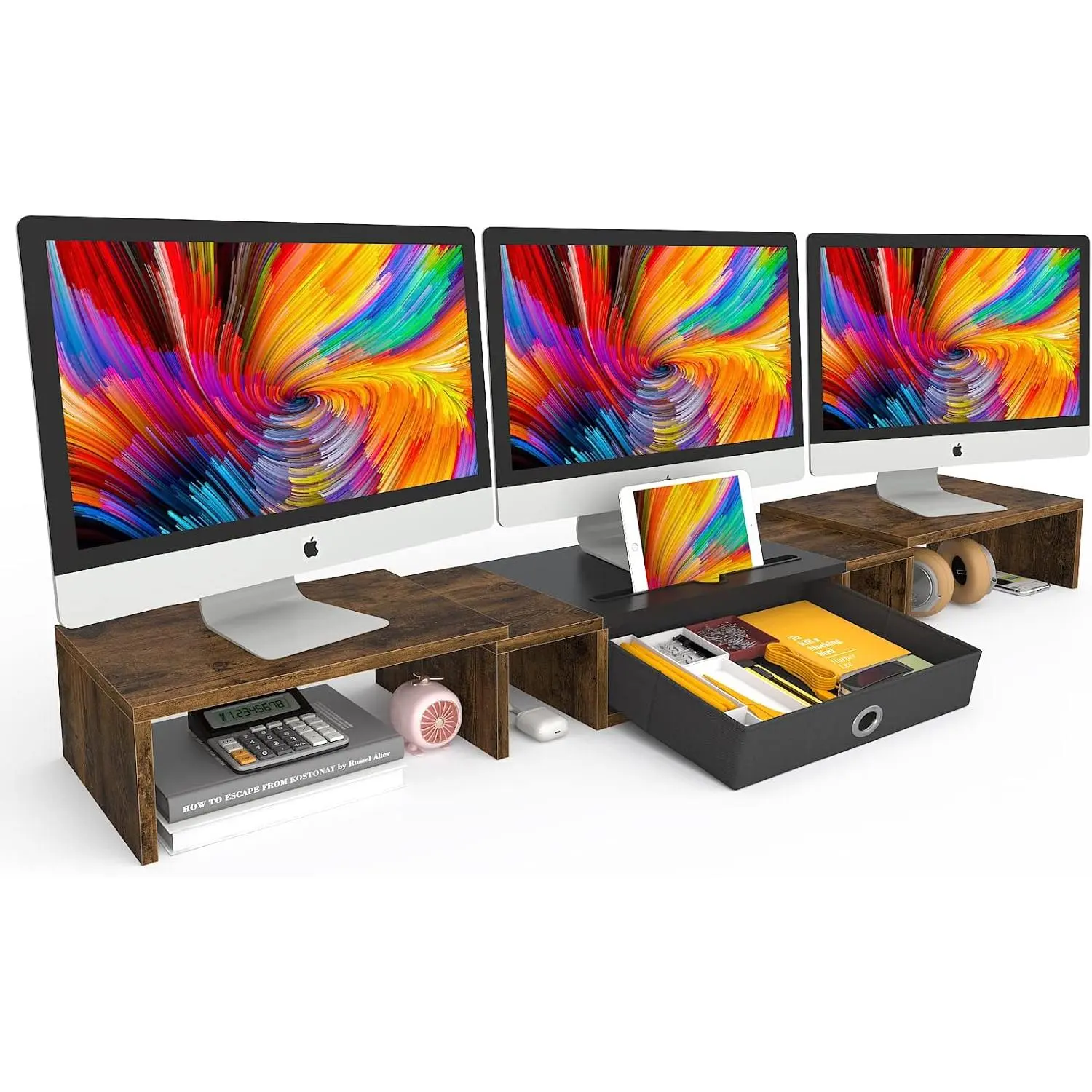 Triple   Stand Riser with Drawer, Adjustable for 2~3 Monitors,Solt for Phone & Tablet, Desktop Organizer Stand for ,Laptop,Printer,TV