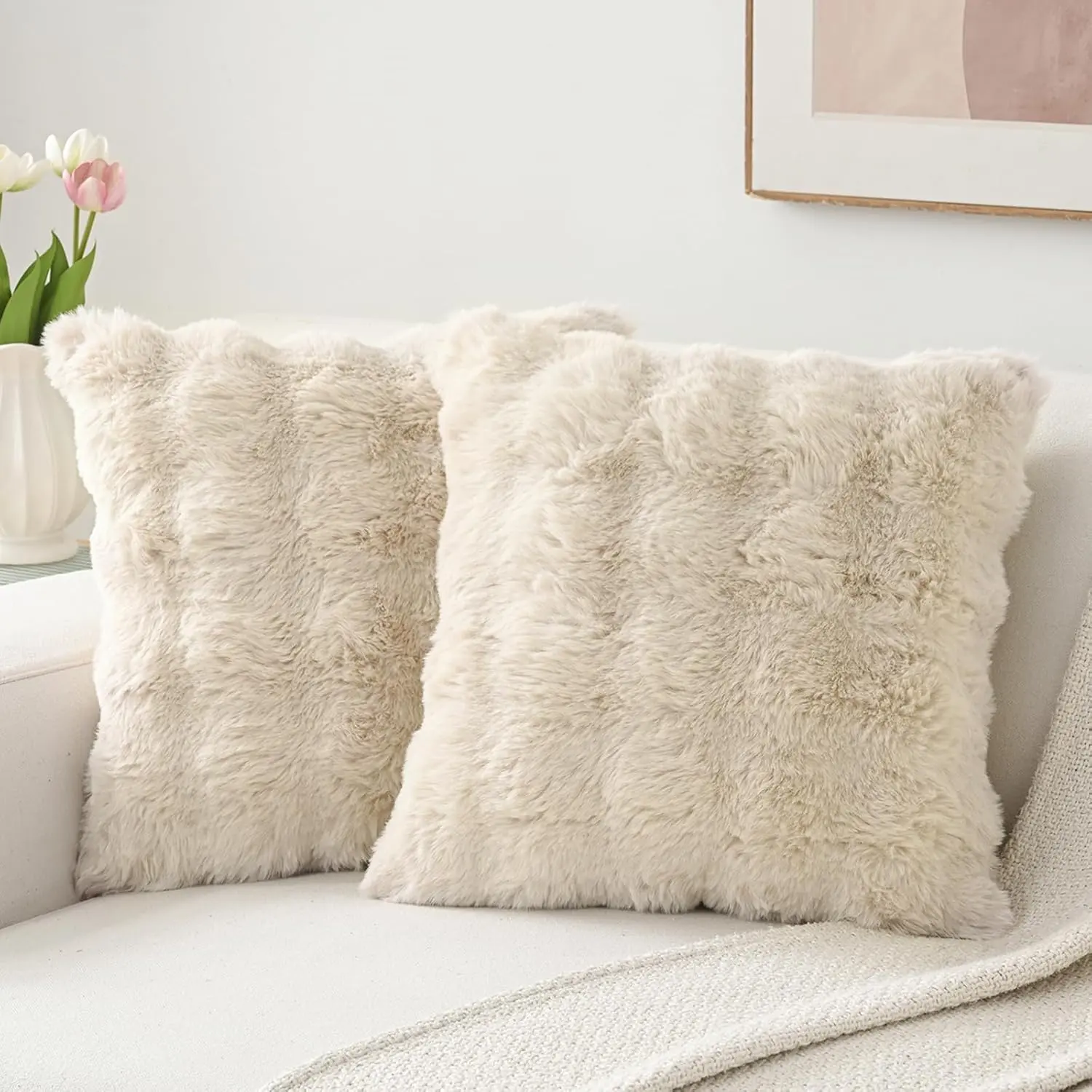 Set of 2 Thick Plush Faux  Beige Throw Pillow Covers 18x18 | Decorative Soft  Faux  Cushion Covers for Sofa Bedroom Pillow Shell
