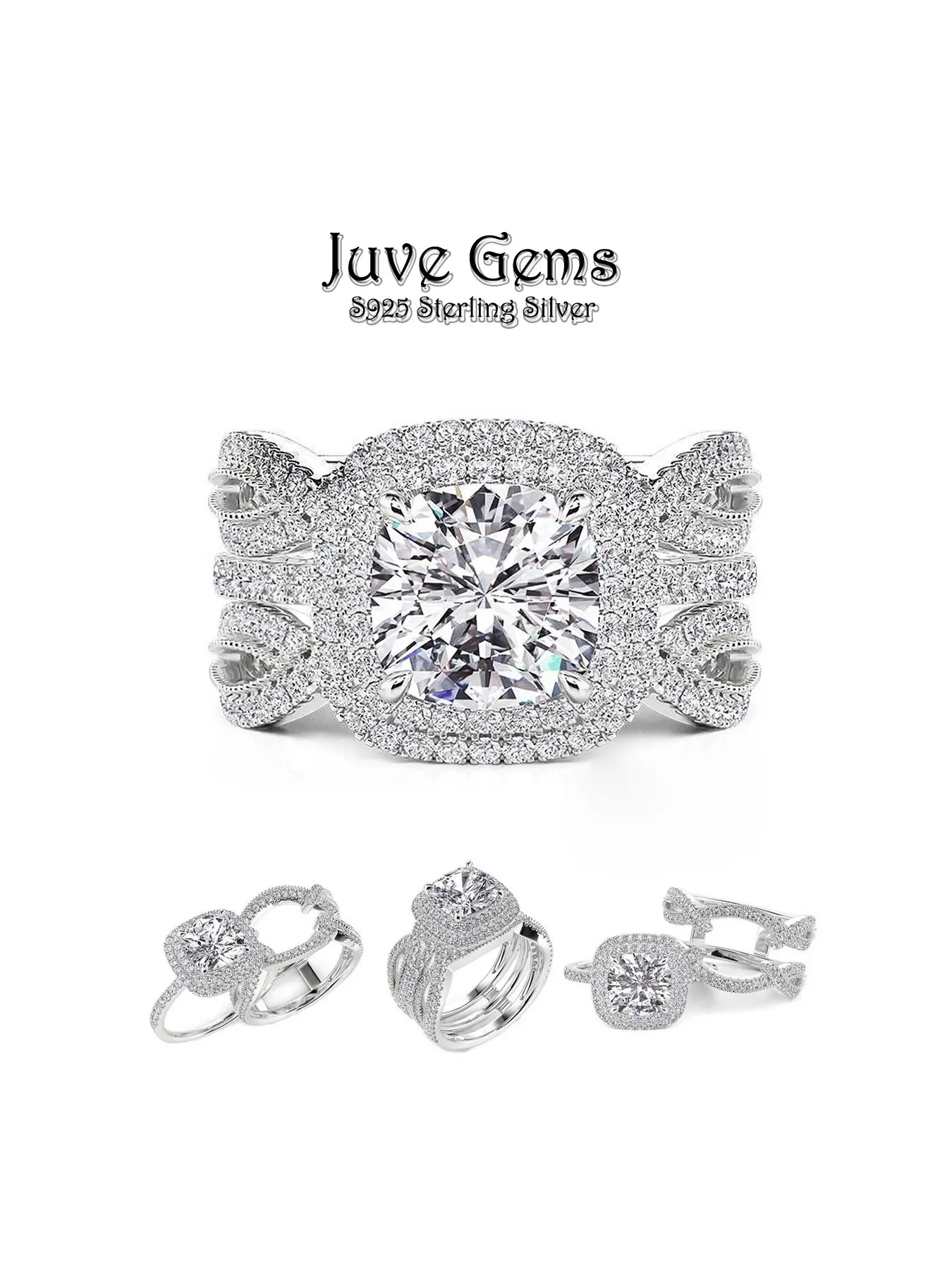 Square Zirconia Double-Layer Pavé Multi Cut Cluster Ring Statement Rings Engagement Rings Set Two-Piece Set, Luxurious High-End Unique Design, Perfect Jewelry Gift for Anniversaries, Weddings, Banquets, and Festive Occasions