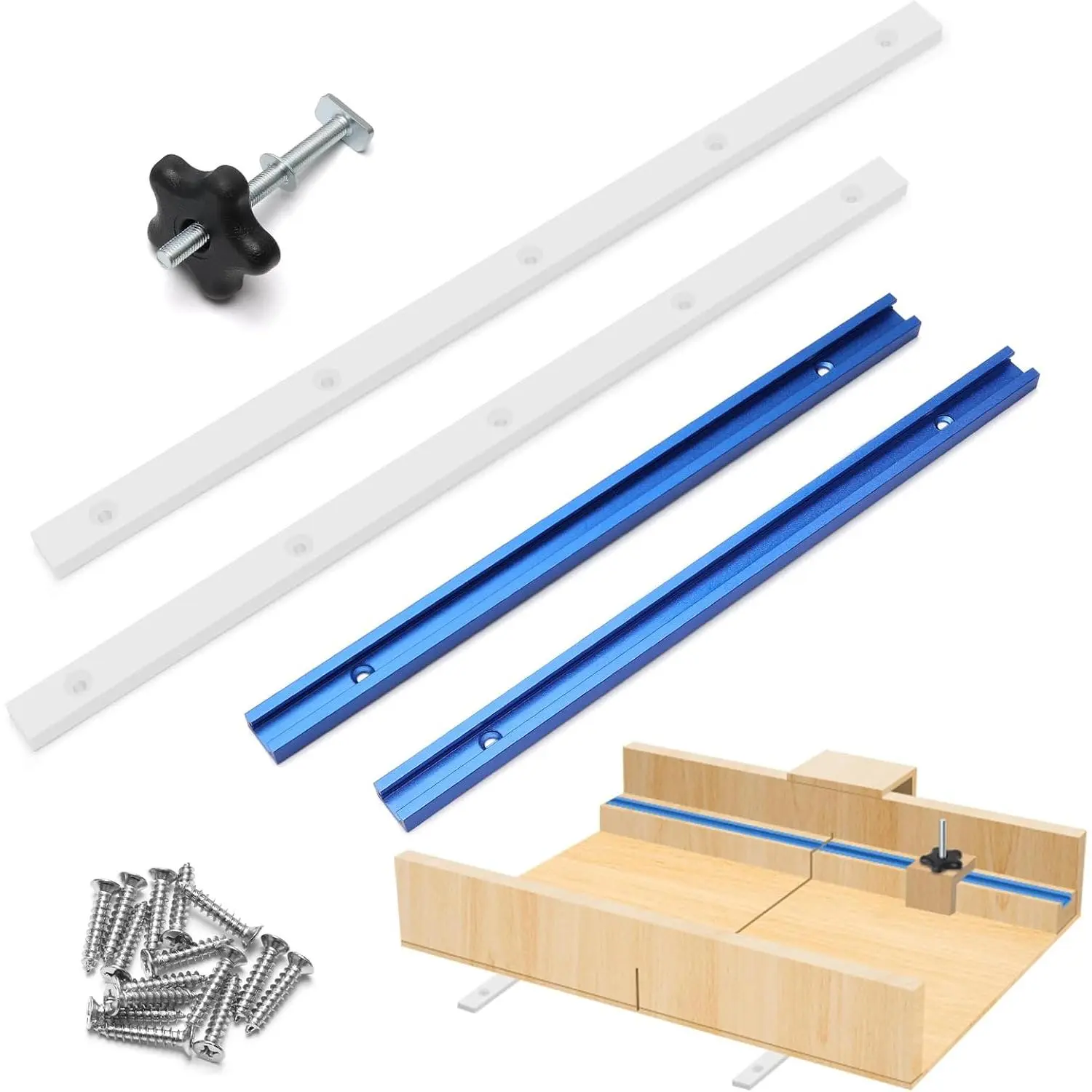 21PCS Table Saw Sled Kit, Crosscut Sled Kit for Table Saw with 2 Aluminum T-Track, 2 UHMW Miter Bars, Knob and Screws