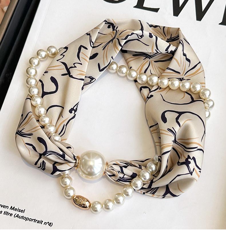 Boho Pearl Chain Scarf Necklace, Black White Rose Print Silk Scarf, Unique Neck Jewelry for Women Gift for Her