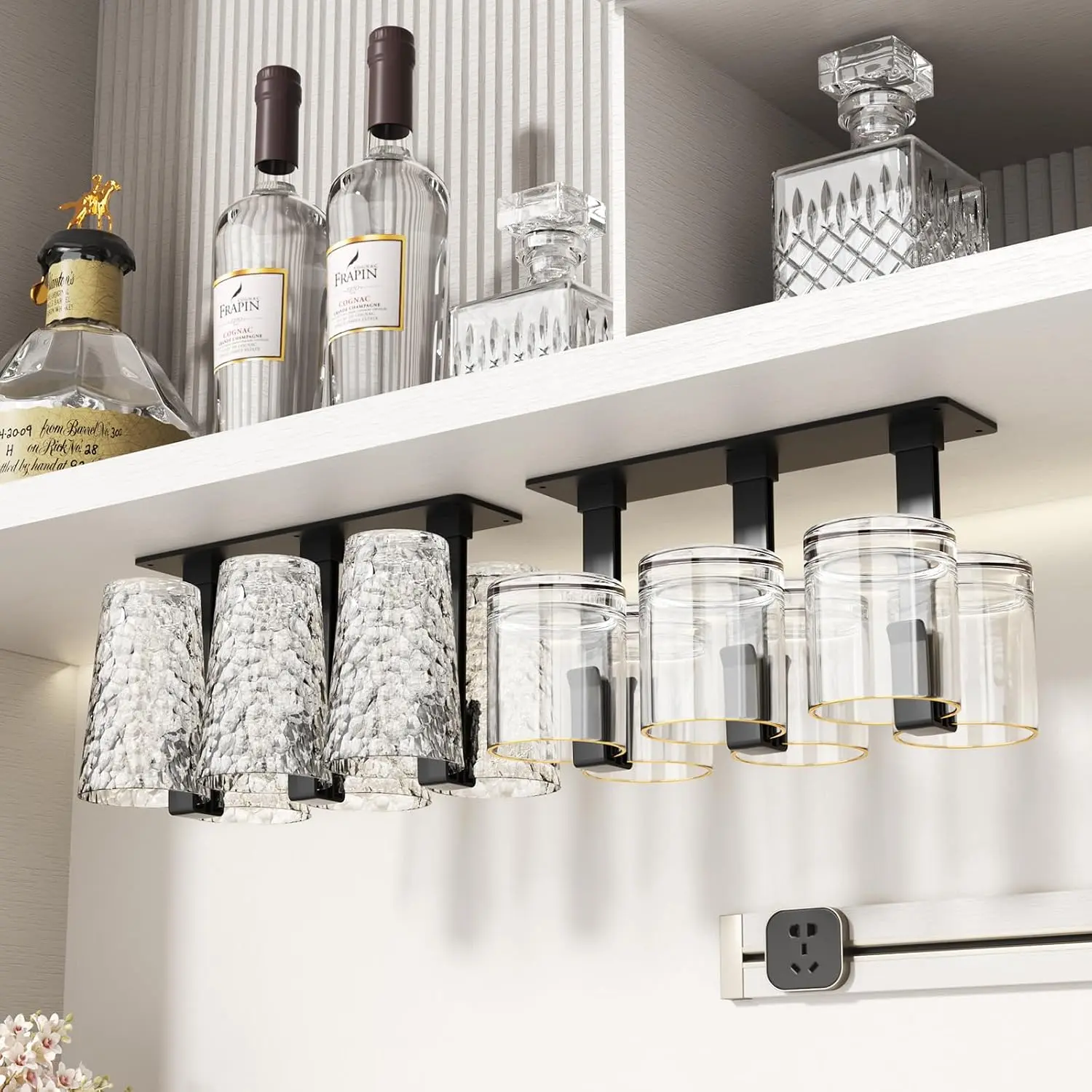 Glass Holder, Drill-free  Glass Rack Under Cabinet, Black