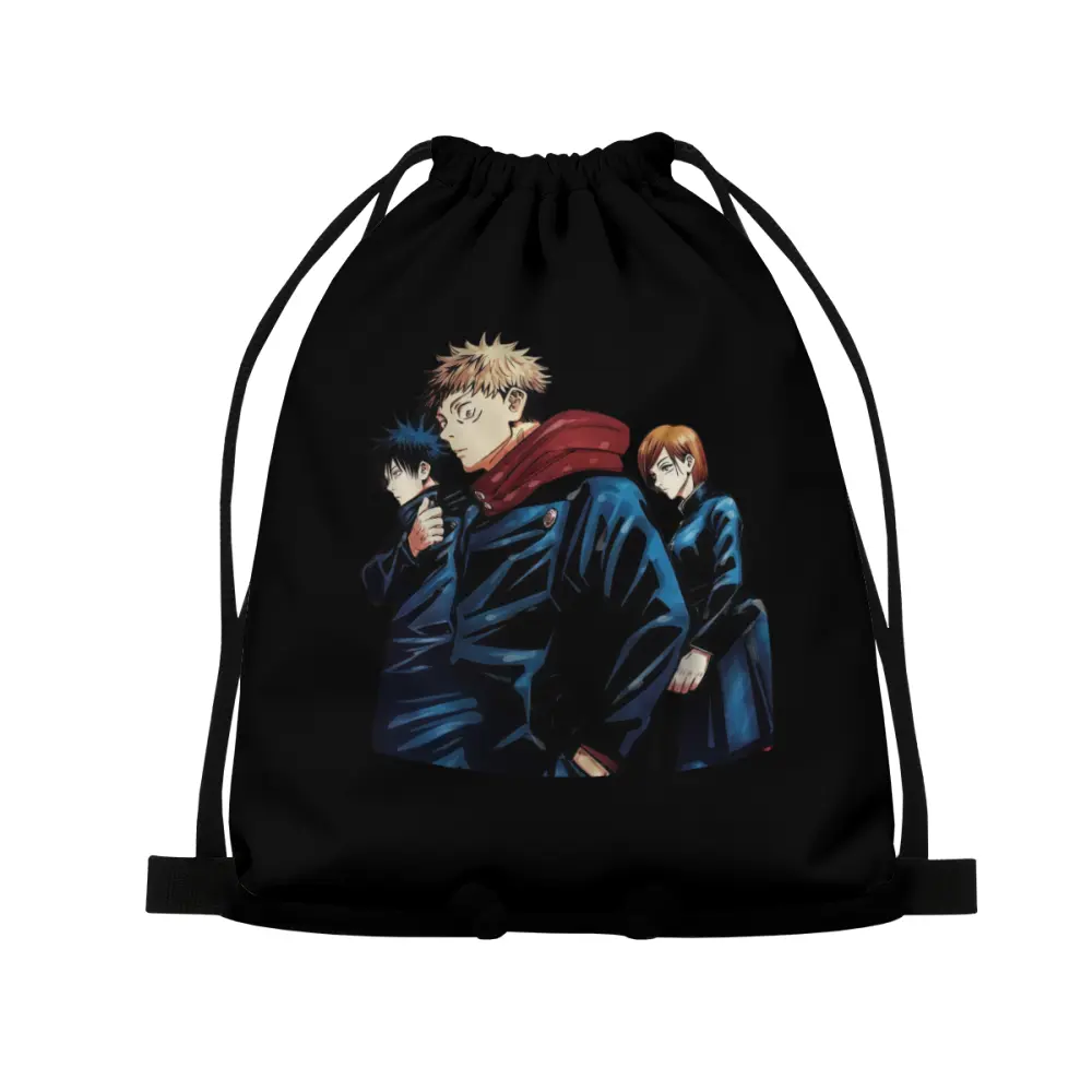 Jujutsu Kaisen Anime Drawstring Backpack, Gojo Satoru Sukuna Toji & Yuji Trio Printed Gym Sackpack, Black Cinch Bag for School Sport & Fans