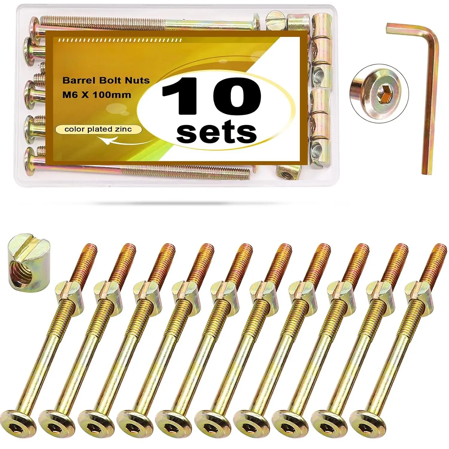 10 Set M6x100mm Barrel Bolt Nuts, Screws,   Hex Socket Cap Screws and Barrel Nuts/Wrenches for Beds Chair  Furniture,Barrel Nuts and  M6 with Plastic Box