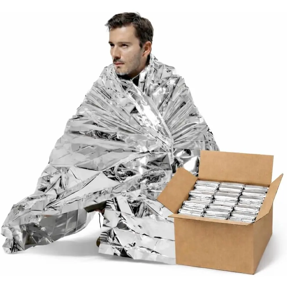 50 Pack  Foil Blankets 51" x 83" - Thermal Mylar  Blankets Individually Wrapped for Outdoors, Camping, Hiking, ,  Preparedness & Homeless Outreach